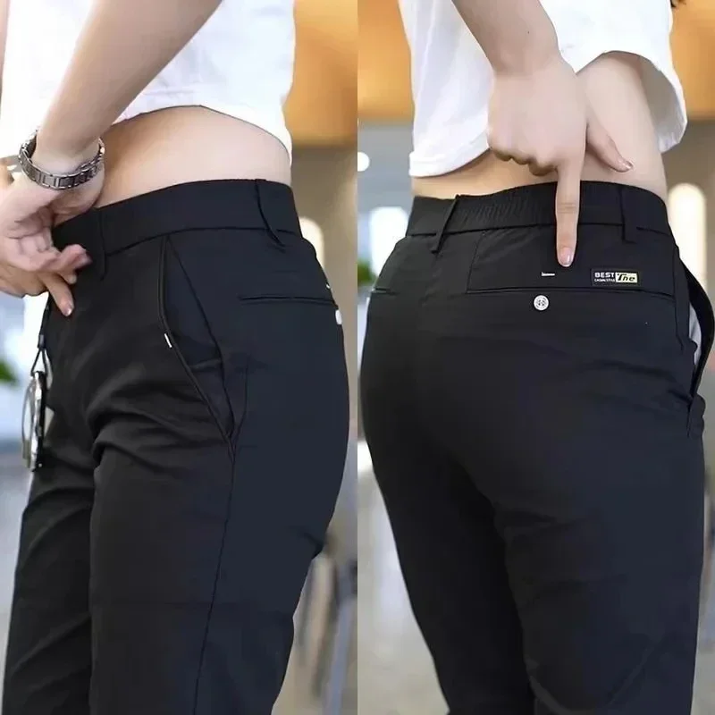 Pantaloni Casual da uomo in seta di ghiaccio pantaloni sportivi semplici kaki neri Slim pantaloni Casual elasticizzati dritti abbigliamento maschile