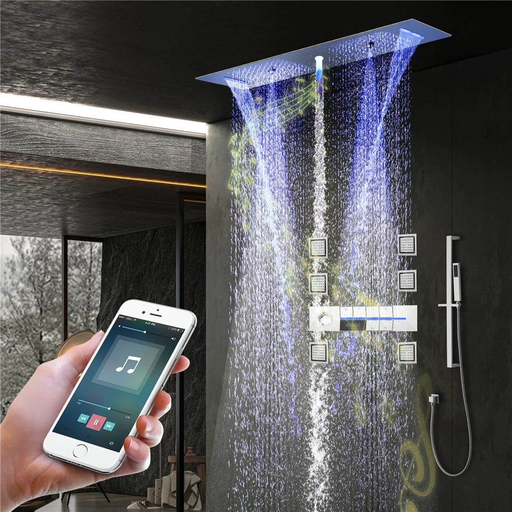 900*300mm Large Overhead Rain Shower Set LED Light Music Waterfall Bathroom Thermostatic Concealed 6-Function Shower Faucet Kit