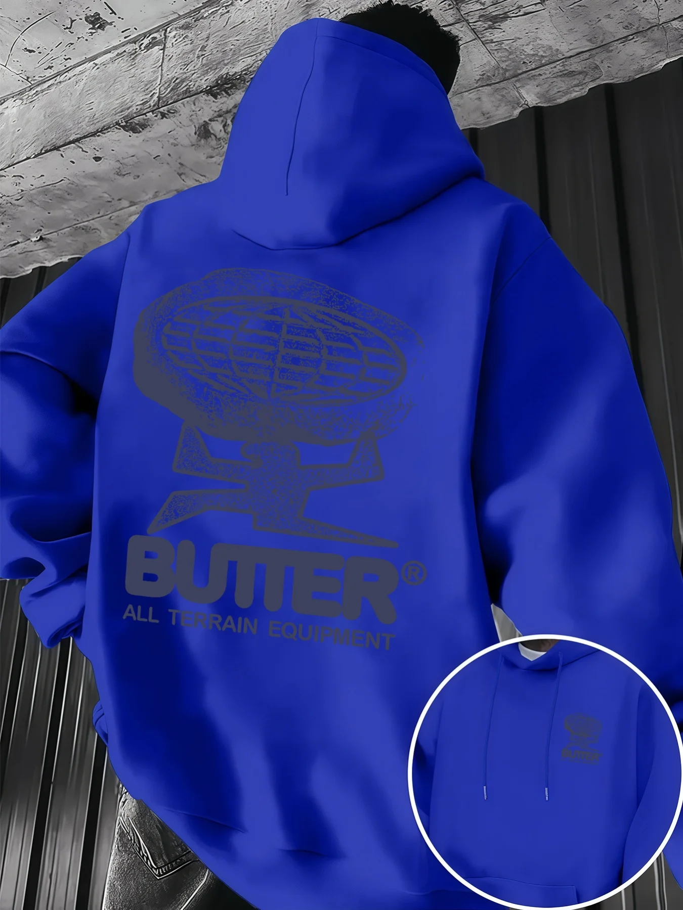 Retro distressed men's hooded sweatshirt with totem earth pattern print. Unique artistic fashion trend hooded sweatshirt.
