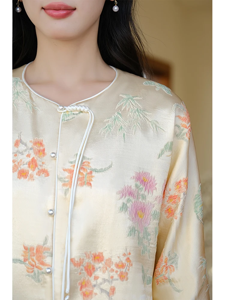 Zijde lente zomer originele Sle Chinese New School dames Jaet high-end gekreukelde geplooide top met knopen Tang-kostuum