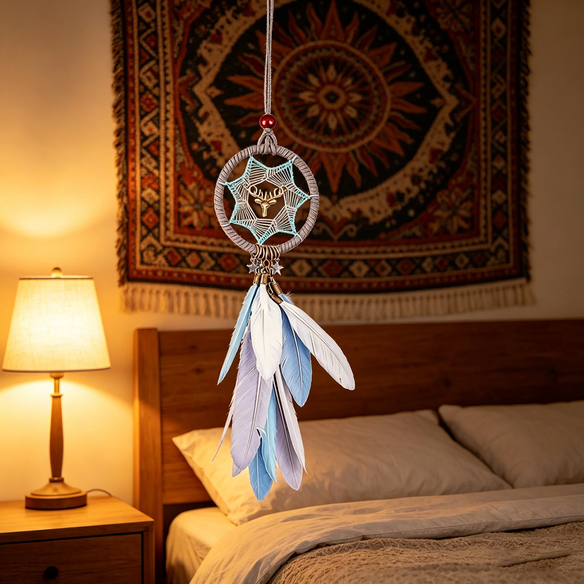Metal Deer Head Mini Dream Catcher Hanging Ornament Blue White Feather Car Pendant Home Bedroom Rearview Mirror Decor Gift