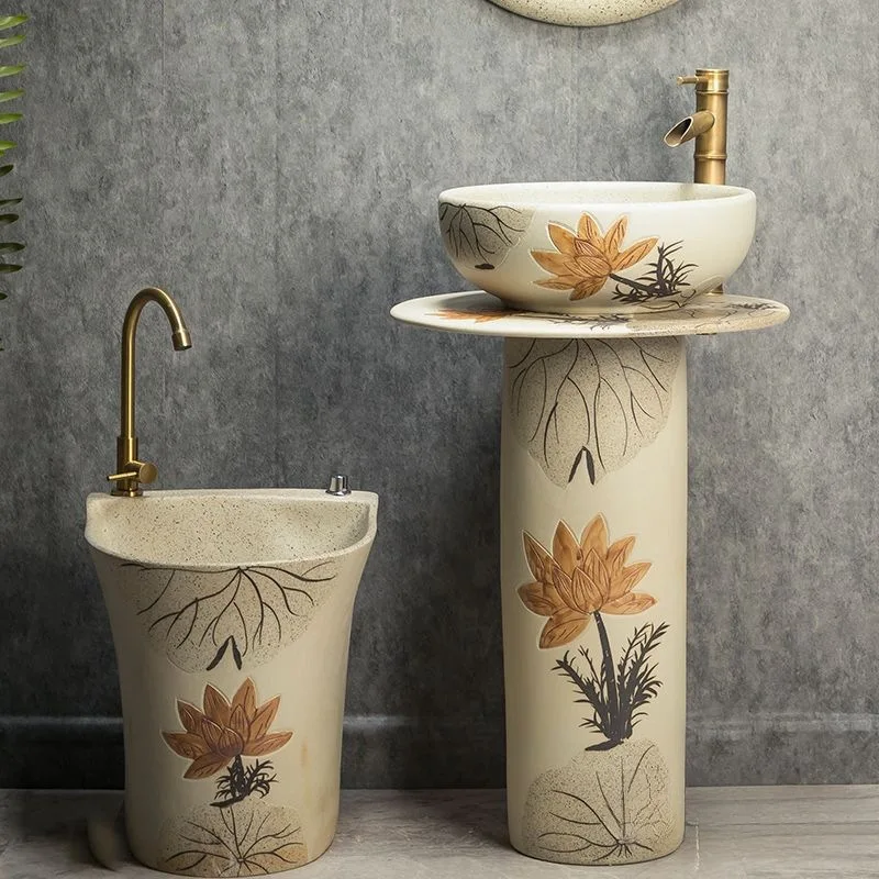

Outdoor retro courtyard blue and white porcelain pillar washbasin villa garden ceramic integrated washbasin outdoor balcony