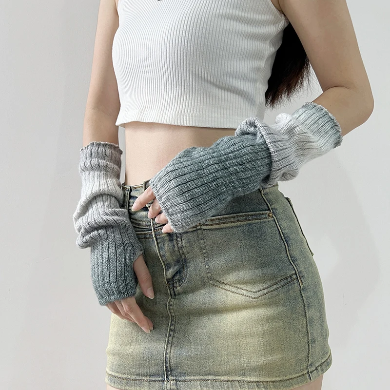 

Punk Long Fingerless Gloves Gradient Color Arm Wrist Sleeve Hip-hop Knit Glove Elbow Mittens Stretch Arm Warmer Mitten
