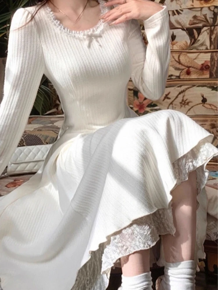 

Осенние кружевные лоскутные платья нестандартной формы Y2k Эстетическое гранж с пышными рукавами Vestidos Harajuku Поддельные женские платья трапециевидной формы из двух предметов