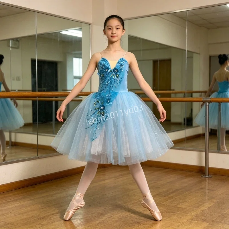 Turquoise 3D Flower Long Ballet Tutu Skirt Princess Dance Performance Costume Romantic Dress for Women