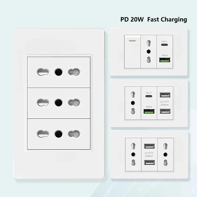 

Italy Chile Standard Outlet with USB Smart Type-c 20W Fast Charging, Dual USB Wall Socket Chile Plug Plastic Panel Light Switch