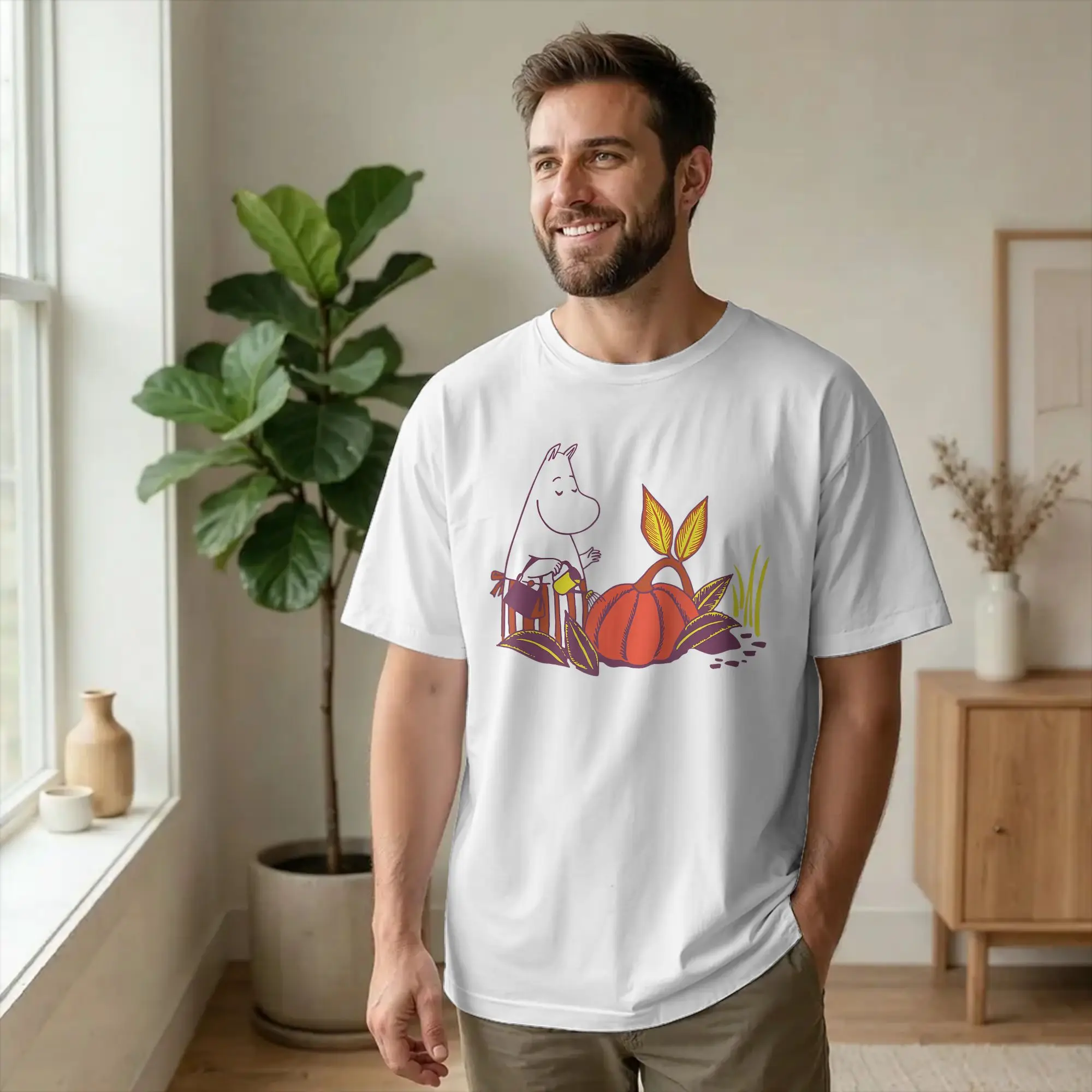 Funny Moomings Moominmamma Watering Pumpkin Style Plant Tshirts Men Cotton Short Sleeve Round Neck Summer Tops Shirts