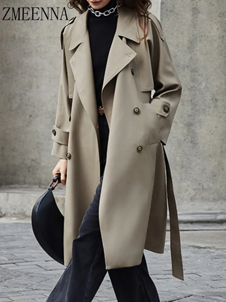 

ZMEENNA Women's Classic Double Breasted Long Trench Coat With Belted Waist And Elegant Lapel Collar Outerwear ZM3770