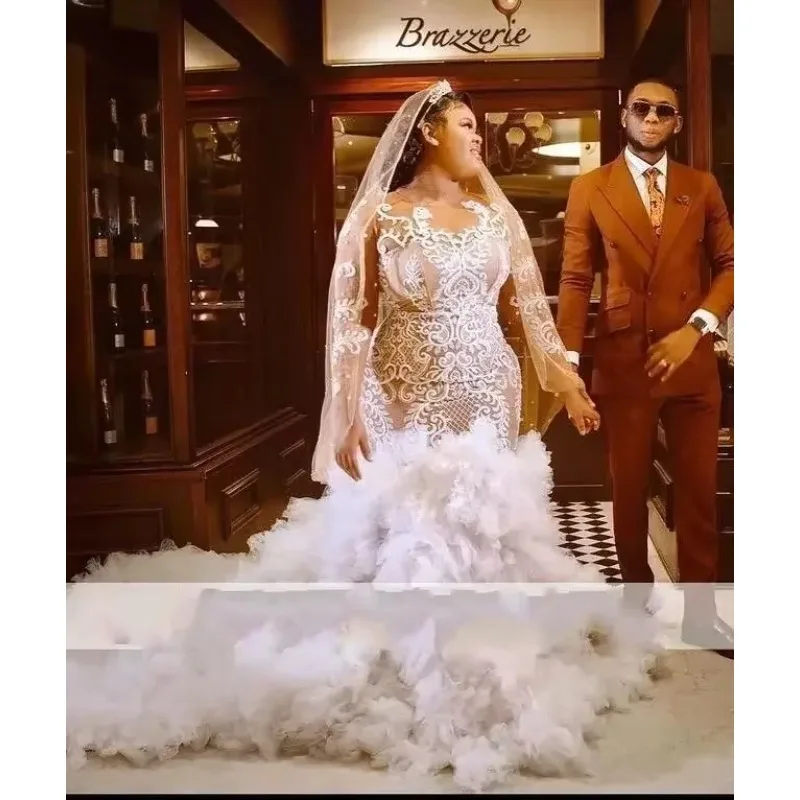 

Customized Mermaid Wedding Dresses Bridal Gowns Plus Size Sexy Arabic Jewel Neck Illusion Long Sleeves Champagne Embroidery Lace