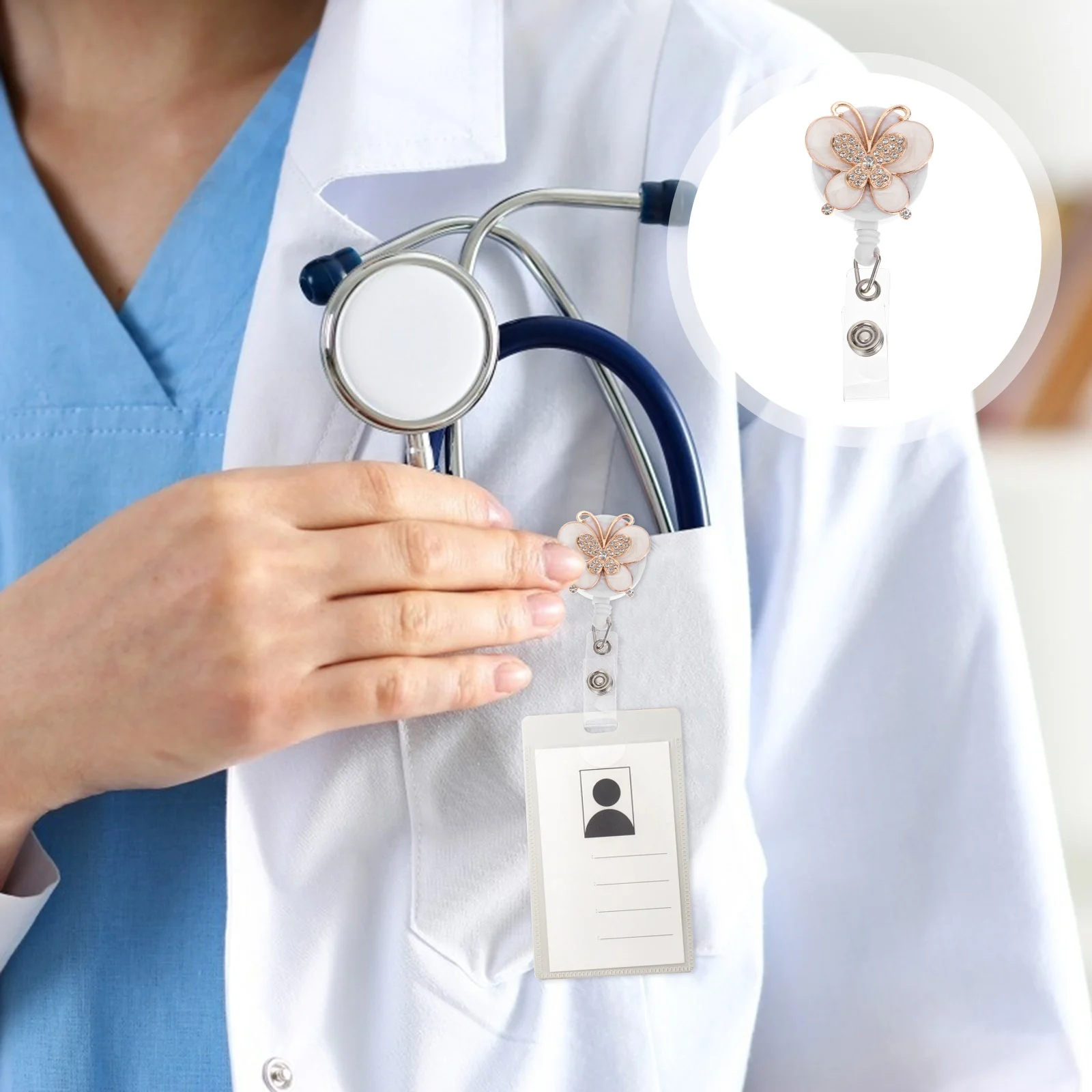 1Pcs Rhinestone Id Badge Holder Butterflies Design Clip for Shirt Pocket Collar Belt Nurse Office Work Student Id Cards