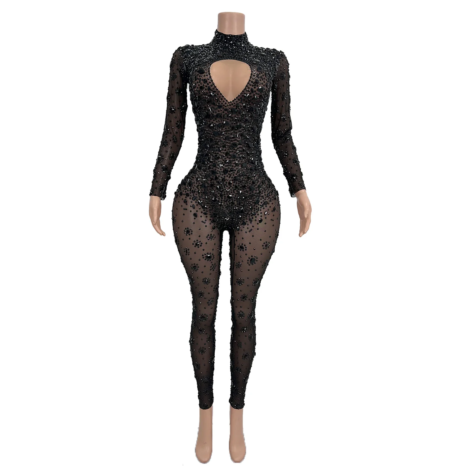 Cuican sexy strass mesh doorzichtige jumpsuit prestatie kostuum vrouwen bodycon club verjaardagsfeestje bodysuit dans podiumkleding