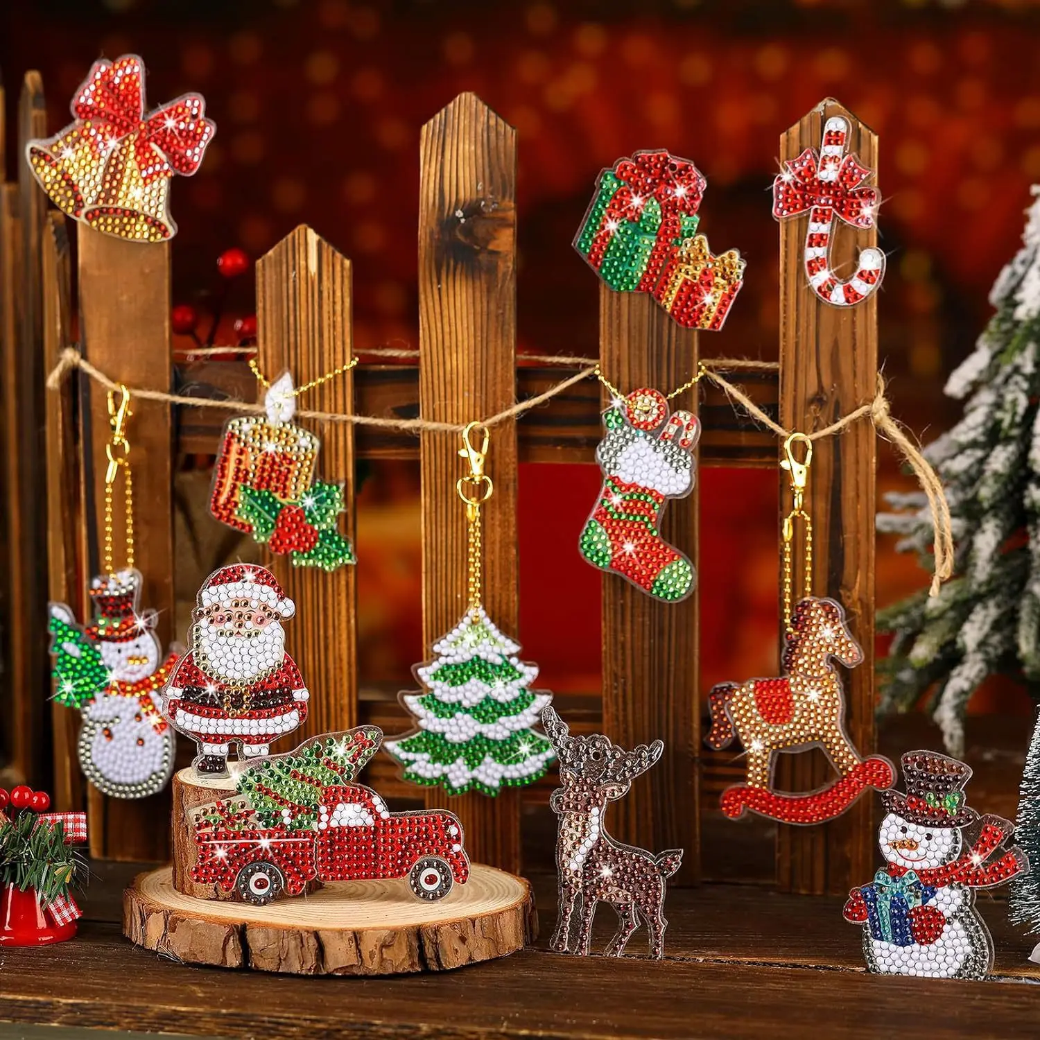 12 sztuk Dwustronnych Świątecznych Ozdób Diamentowych, Breloczków do Malowania Diamentami, DIY Malowanie Diamentami 5D, Okrągłe Breloczki z Wiertłem, Świąteczne