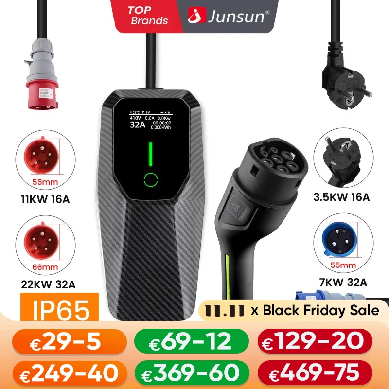 Junsun EV charger Wallbox 3.5KW 7kW 11KW 22KW 6A/10A/13A/16A/20A/24A/32A Type 2 Car Fast Charging Connector for plug charger
