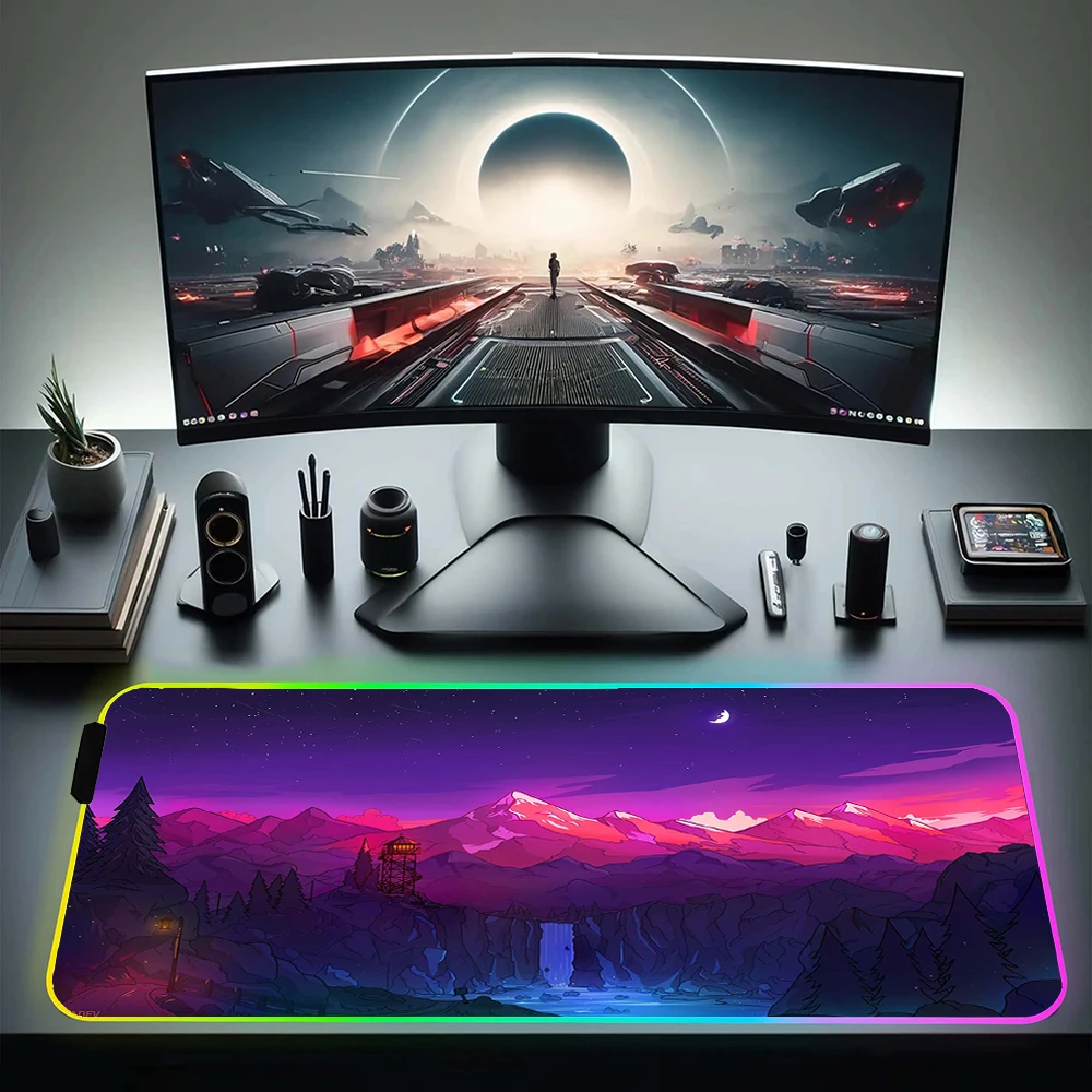 Gamer Mouse Pad With Backlit RGB Large Gaming Mousepad Firewatch Forest Mouse Mat HD Print LED Computer Desk Mat Keyboard Pad XL