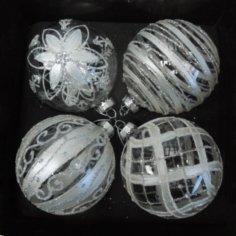 Handmade Transparent Glass Ball Four Different Design Christmas Tree Hanging Globe Pendant Free Shipping 8pcs/pack Diameter=8cm