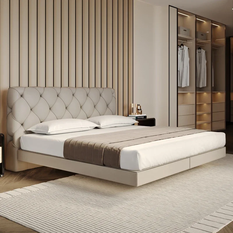 Italian light luxury first-layer cowhide leather bed, suspended sensor light master bedroom bed