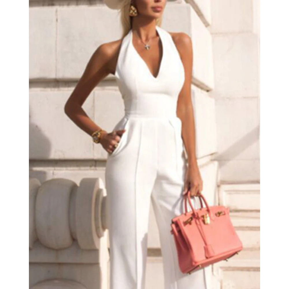 Mulheres Elegantes Sem Mangas Halter Backless Profundo V-Neck Branco Jumpsuits Lady Verão Perna Larga Trabalho One-Piece Jumpsuit Streetwear