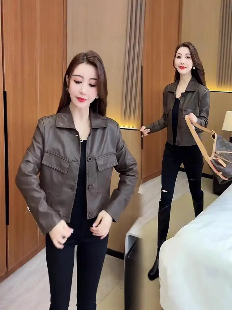 เสื้อโค้ทผู้หญิงทรงหลวม ผ้าหนัง PU  แบบติดกระดุม  คอปก  สำหรับคนตัวเล็ก  รุ่นใหม่  ฤดูใบไม้ร่วง