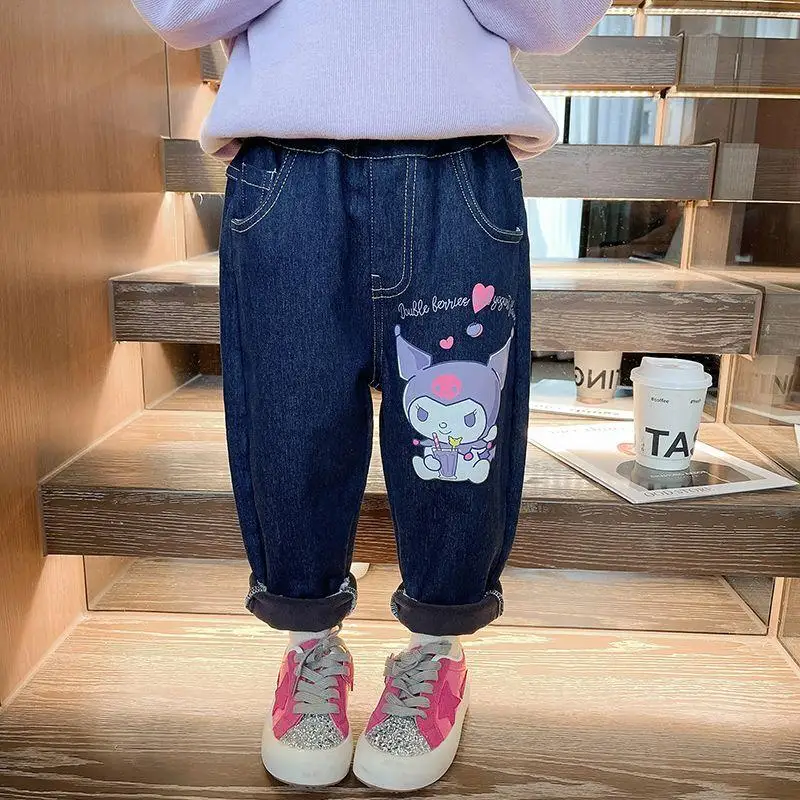 Hot Sanrio Kuromi Jeans Hello Kitty Girl Winter Integrated Velvet Casual Cotton Pants Thickening Cartoon Children Velvet Pants