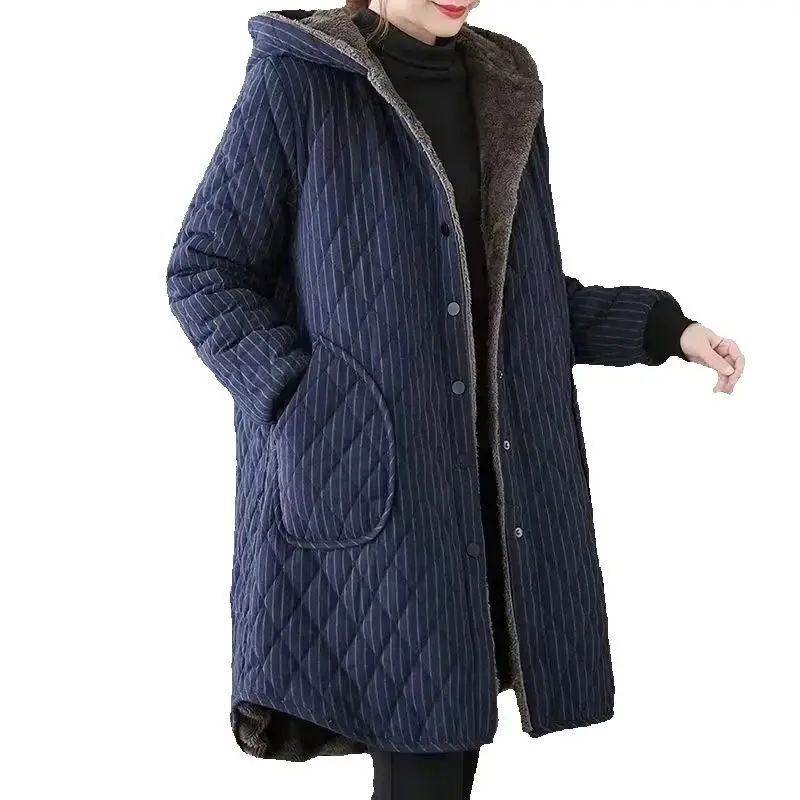 

Autumn Winter New Striped Cotton Jacket Women Warm Plush Thicken Hooded Coat Fashion Loose Female Casual Long Overcoat 2024