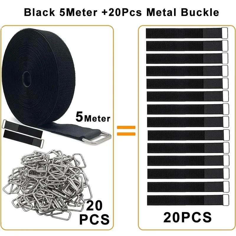 5meter znovu použitelný fixační cut-to-length kabel popruhy s 20ks kov přezkami nastavitelný silon hák a smyčka cinch kabel kravaty