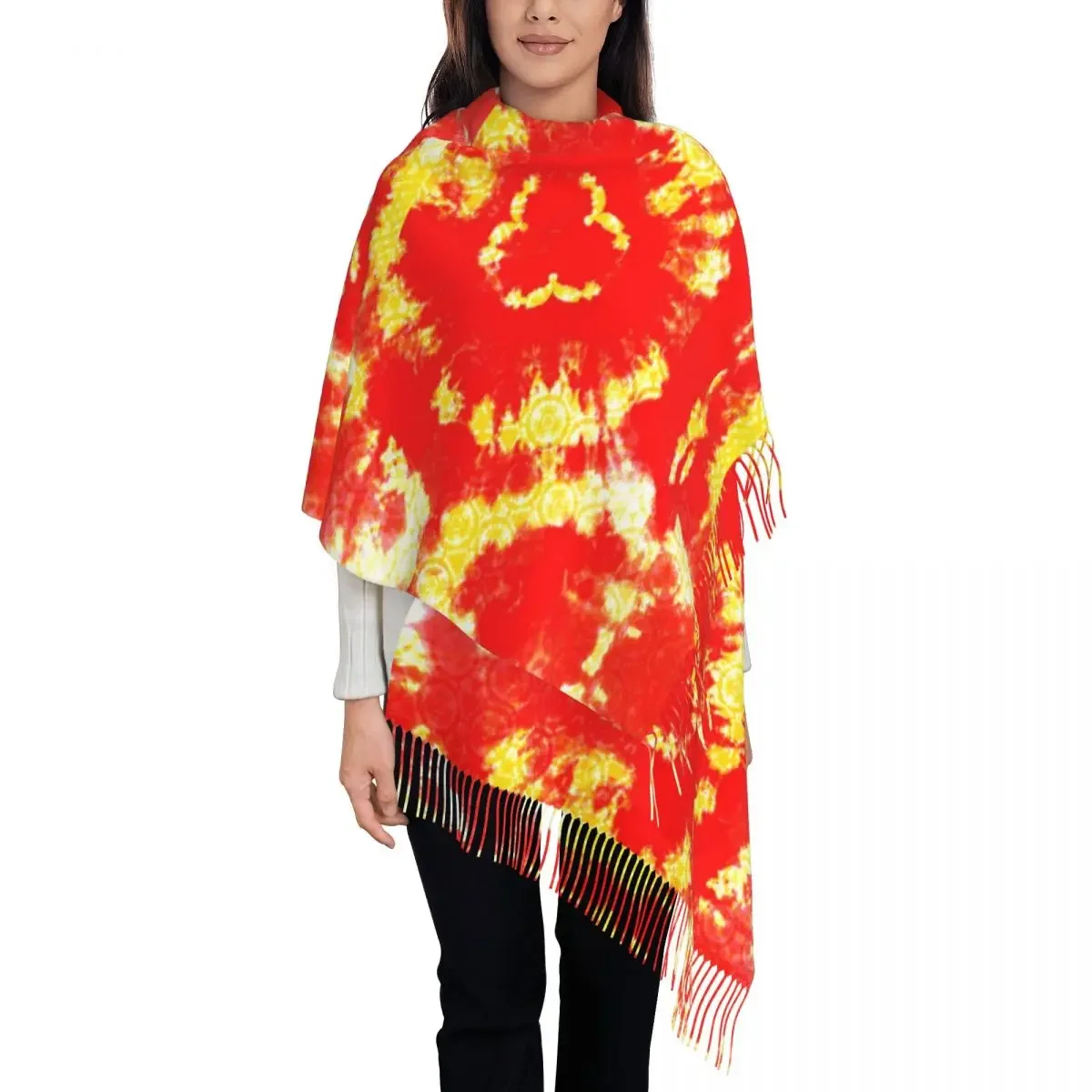 Tie Dye Dreams Scarf Womens Red And Yellow Large Scarves with Tassel Winter Retro Shawl Wrap Outdoor Printed Bandana