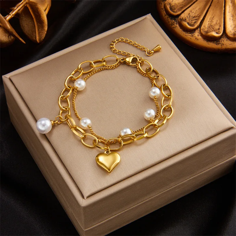 

Double Layers Link Chain with Charms Pearl Heart Extend Stainless Steel Jewelry Bracelet For Woman RJ288