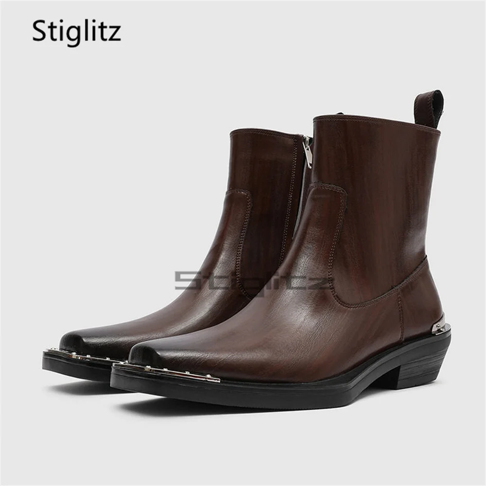 

Square Toe High Heels Chelsea Boots for Men High Top Suede Leather Side Zip Metal Decor Ankle Boots Male Britihs Business Shoes