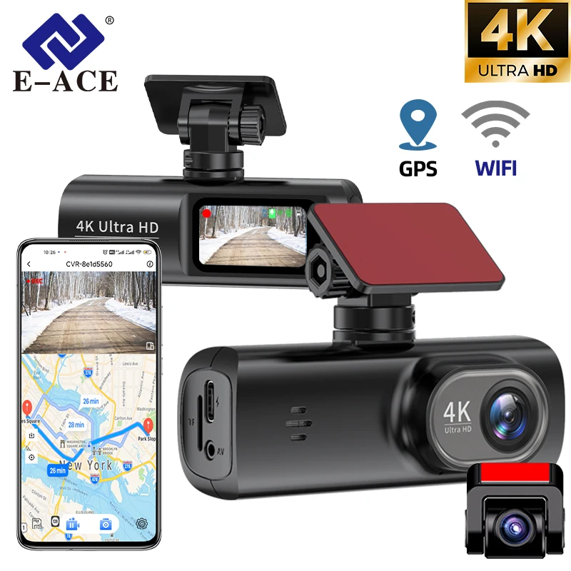 

Видеорегистратор 4K E-ACE с двумя камерами (передняя и задняя), Wi-Fi, GPS, записью видео 1080P, ночным видением и режимом парковки 24 часа