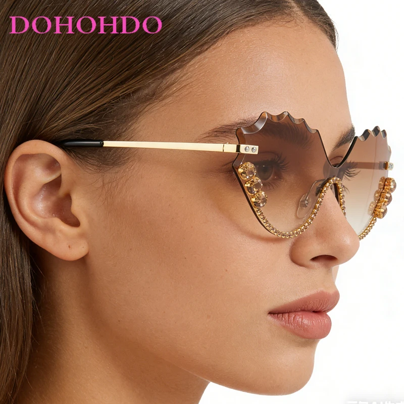 

Luxury Rhinestone Wave Rimless Women Sunglasses Trendy Design Trendy Men Sunglass UV400 Street Photography Party Female Eyeglass