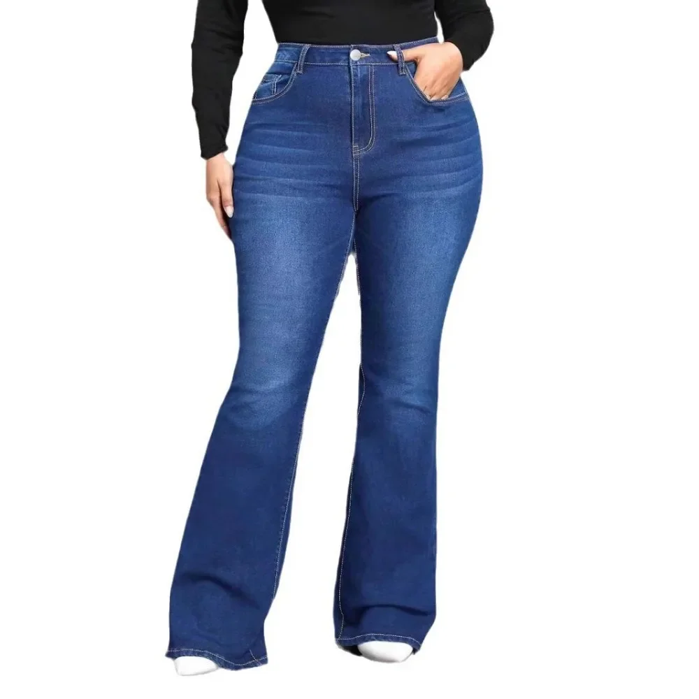 Blue Classic Fashion Flare Pants Comfort Micro Stretch Mid Waist Jeans Women Plus Size Trousers Casual Elastic Gym Sports Pant