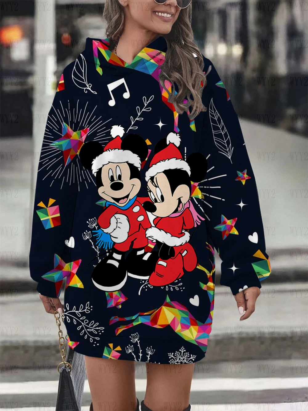 Disney Christmas Snowflake Mickey Mouse Versatile Printed Top Pullover Hooded Women\'s Sweatshirt Printed Casual Street Loose