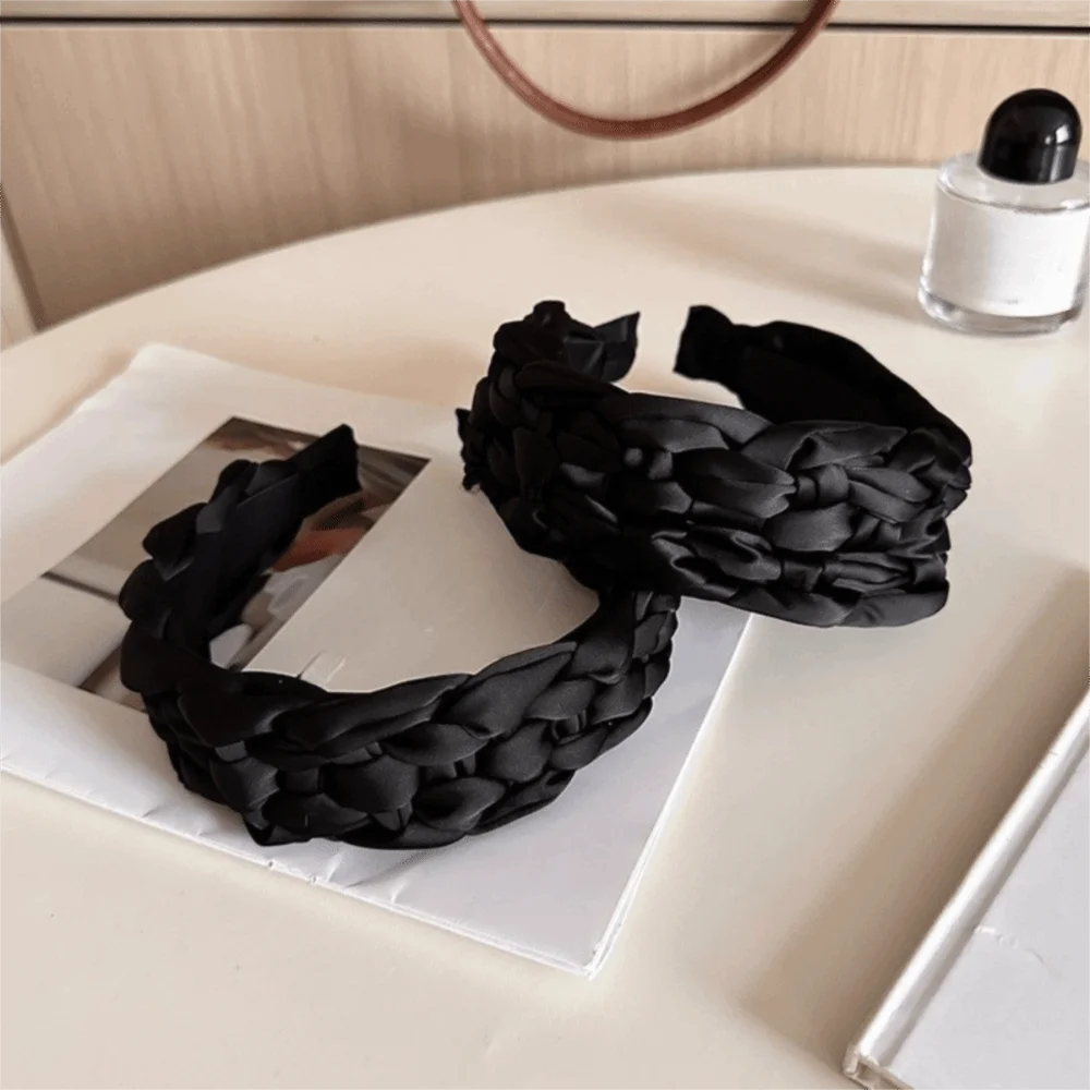 

Elegant Satin Braided Hairband Wide Padded Design Black Headband Korean Style Thickened Women Head Hoop Performance