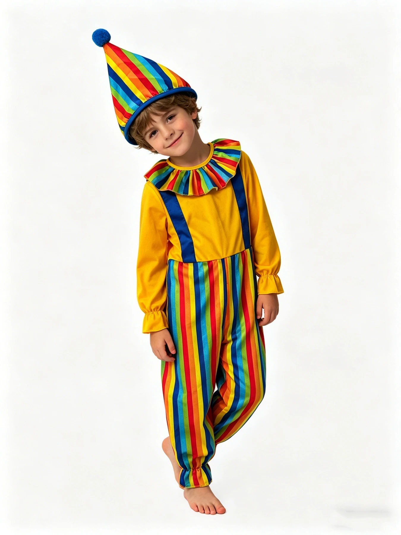 Kids Boys Funny Clowns Costumes Carnivals Shopping Malls Campus Birthdays Party Stage Performances Striped Jumpsuit