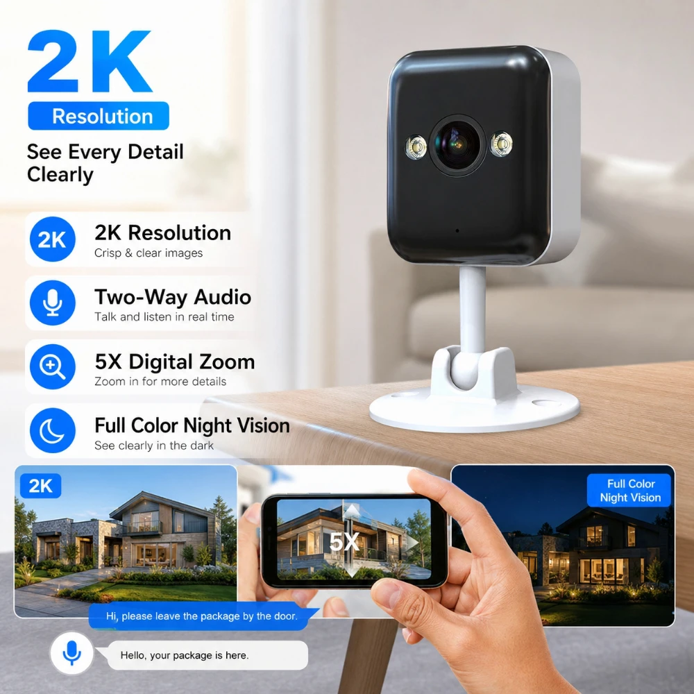 Jooan 2K Mini Kamera Bezpieczeństwa IP Kamera WiFi Zewnętrzna Kamera Monitoringu CCTV 5x Zoom Cyfrowy Kolorowy Tryb Nocny Domowy Monitor Dziecięcy