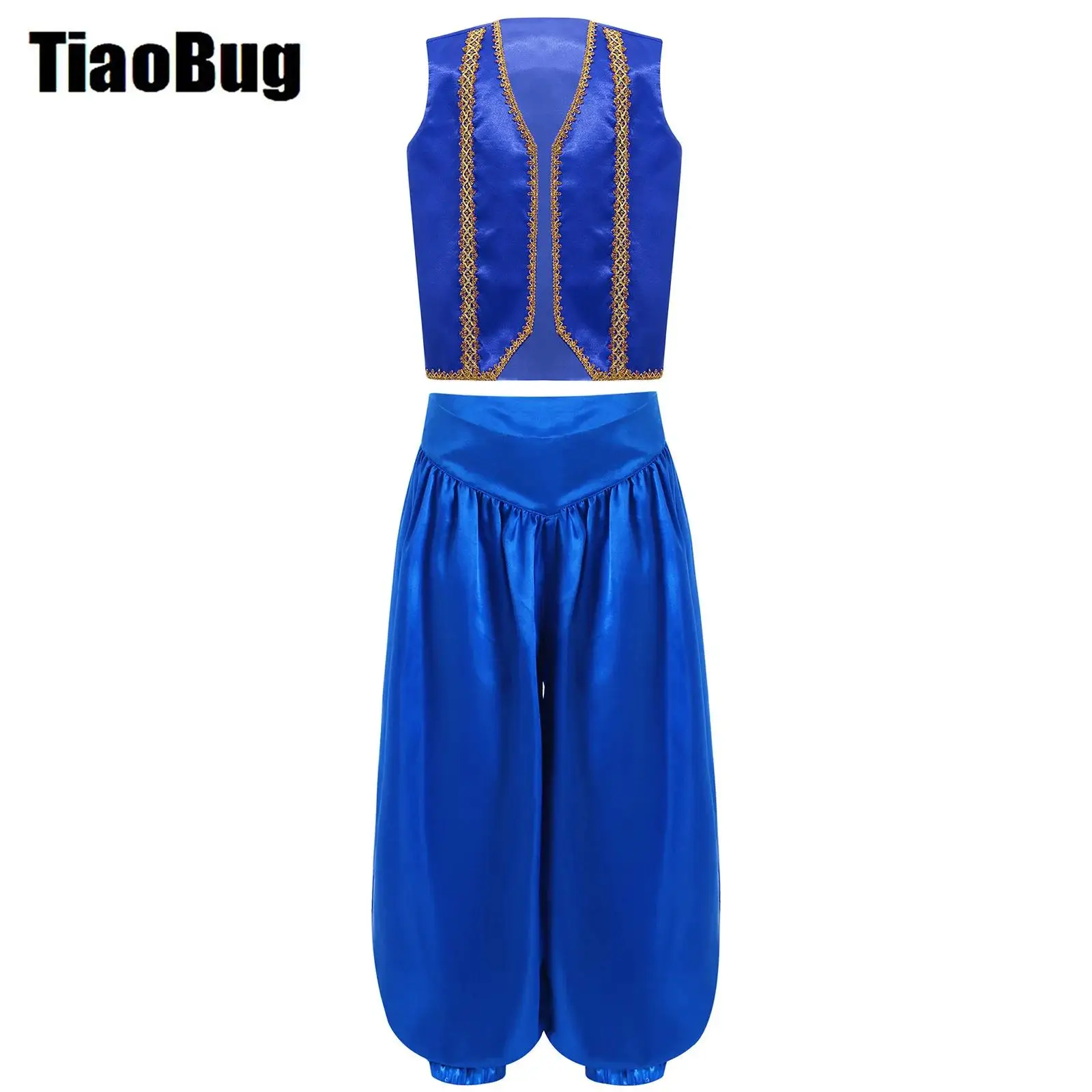 

Kids Belly Dance Costume Set Gold Trim Vest with Wide-legs Bloomers Pants Halloween Fairytale Character Cosplay Costume