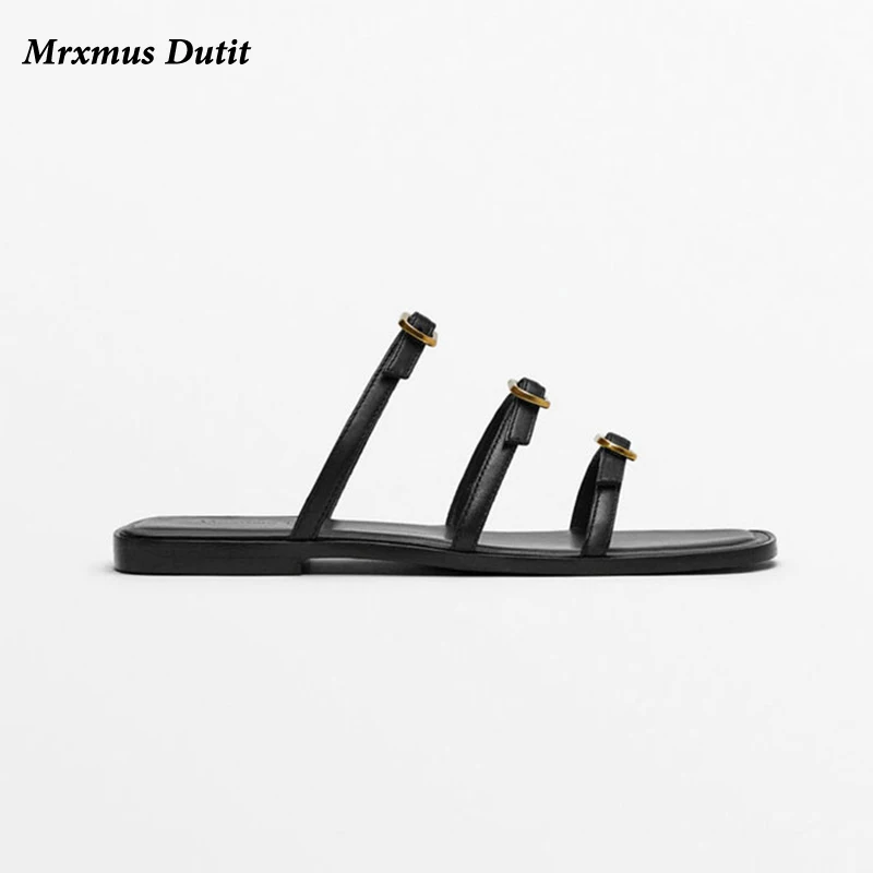 Mrxmus Dutit 2023 Fashion Women New Genuine Leather Metal Buckle Decoration Flat Slippers Casual Sandals Simple Shoes Female