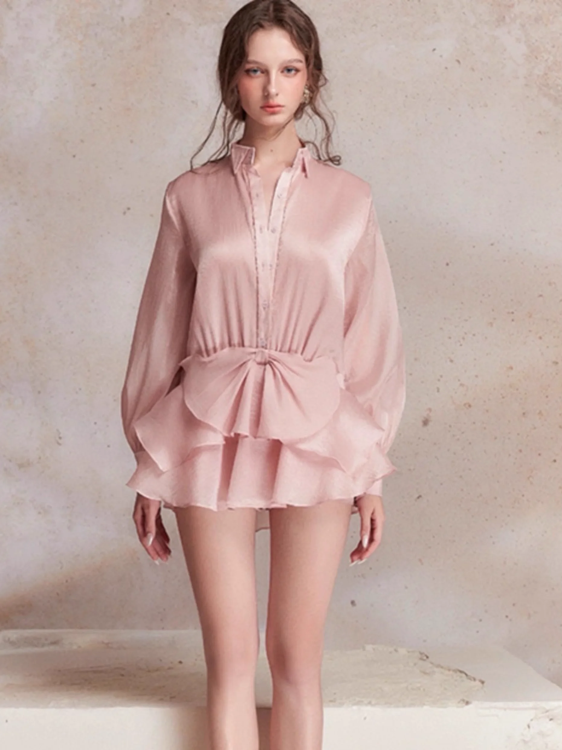 

2025 New Ladies Glossy Satin Playsuits Bow Decoration Lantern Sleeve Turn-down Collar Single Breasted Sweet Female Rompers