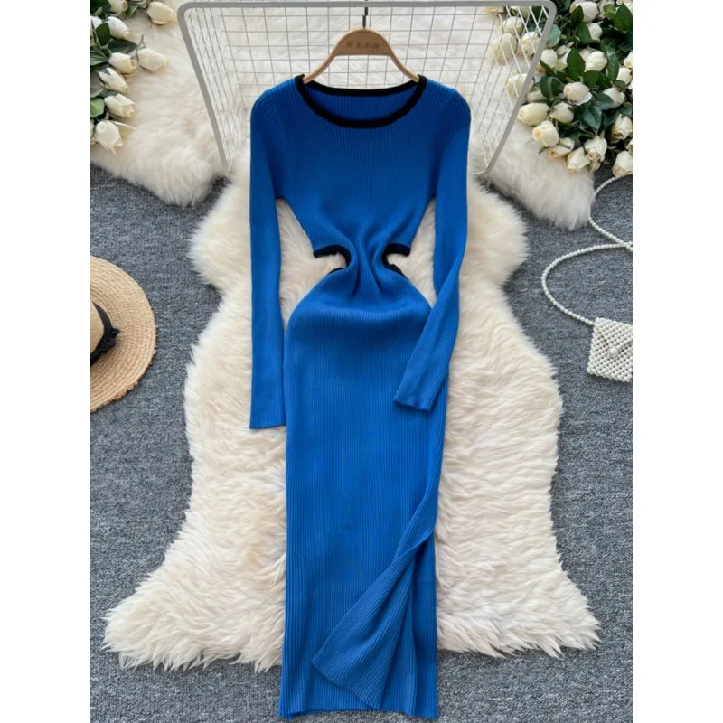 Temperament Sexy Pullover Langes Kleid 2024 Herbst Neue Mode-Design Herz-anliegende Slim-fit Lange ärmeln gestrickte Kleid Elegante
