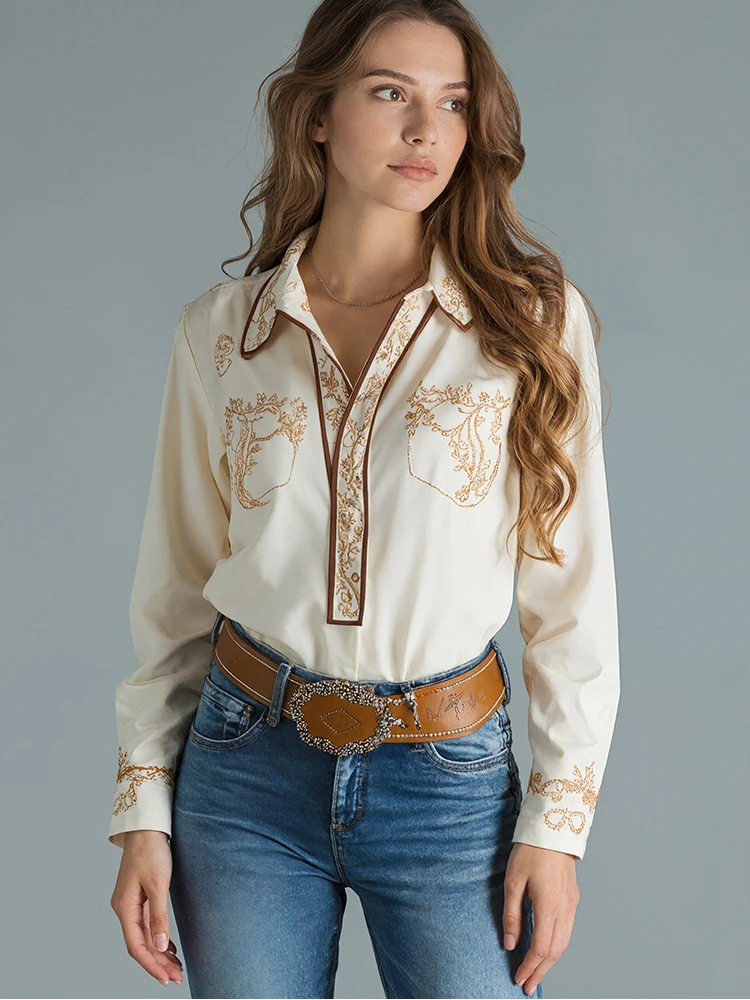 Koszula damska w kwiatowy wzór z długim rękawem, elegancki kołnierzyk, etniczny styl, casualowy, vintage, blokowanie kolorów, bluzki 2025