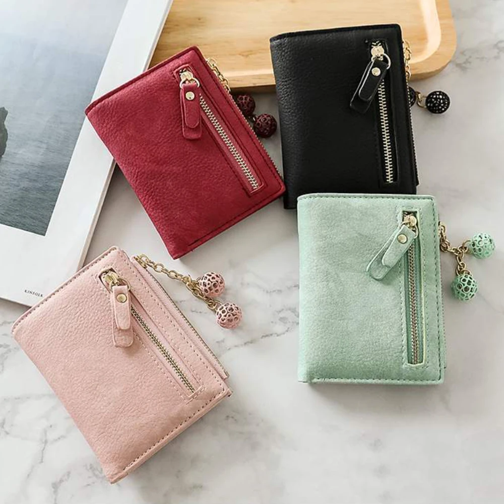 New Pu Leather Folding Coin Purse With Tassel Pendant Multi-Purpose Credit Card Holder Women Solid Color Short Zipper Wallet