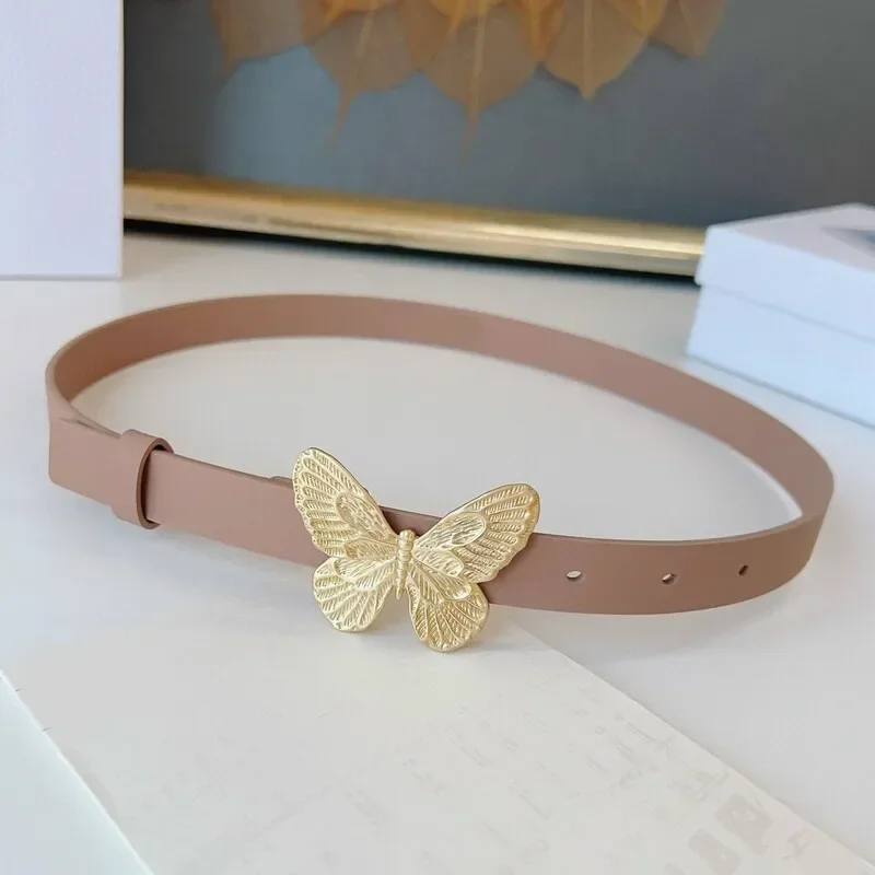 Butterfly head cowhide women's Solid Color Summer Belt 2.0 Double head layer Fashion waist belt Simple women's accessory belt