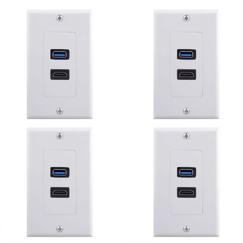 4X 2Port HDMI+USB 3.0 Female Wall Face Plate Panel Outlet Socket Extender White