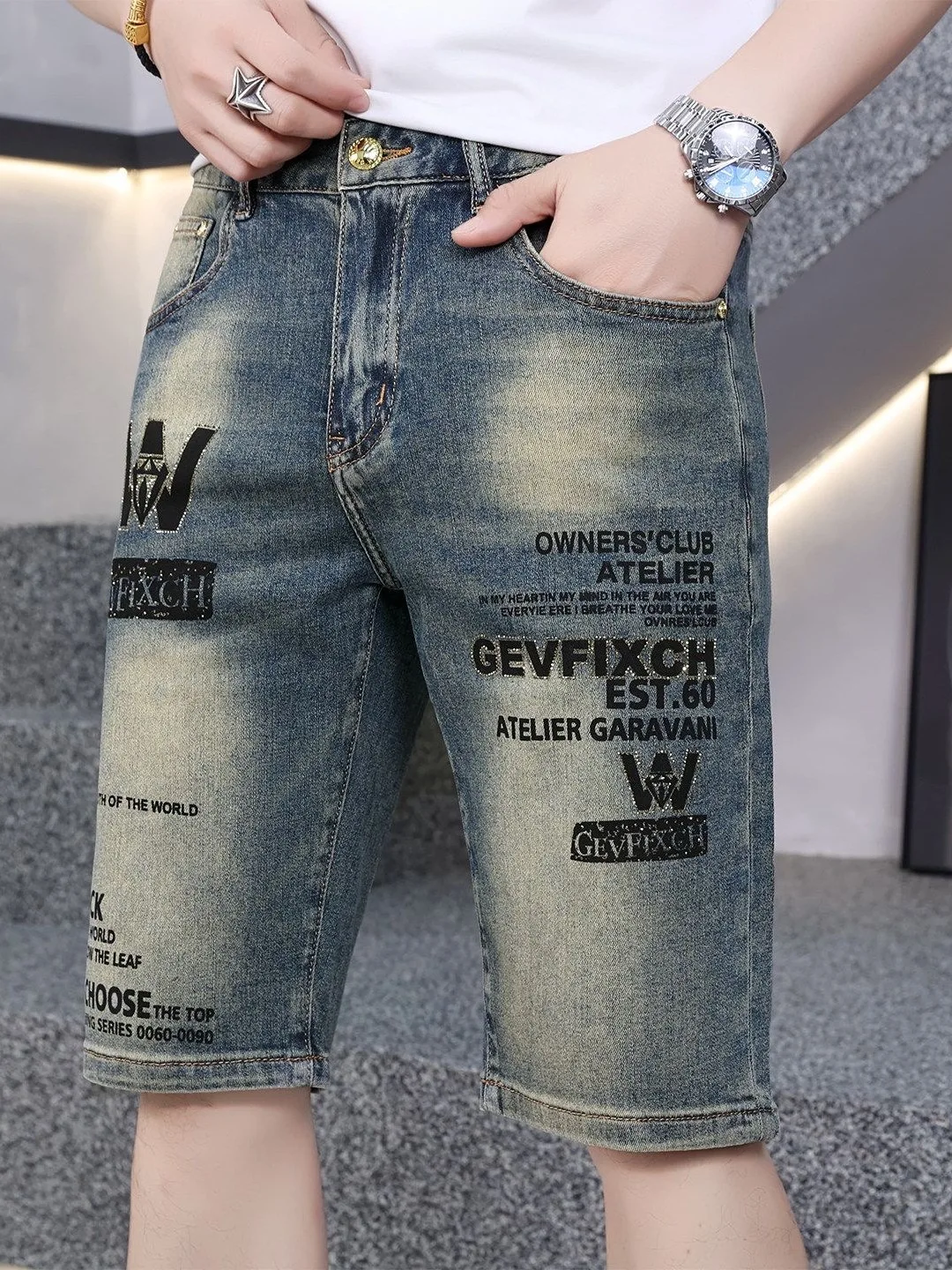 Summer Thin High-End Men's Denim Shorts Heavy-Washed Trendy Brand Letter Print Casual Straight Five-Point Pants