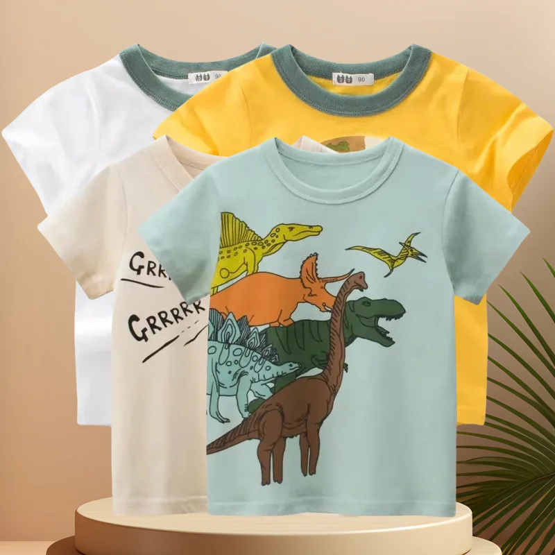 Summer New 2025 Short Sleeve Cartoon Print Boys Dinosaur T-Shirt Children Kids Fashion O-Neck Cotton Top Tees 2-10Y Dropshipping