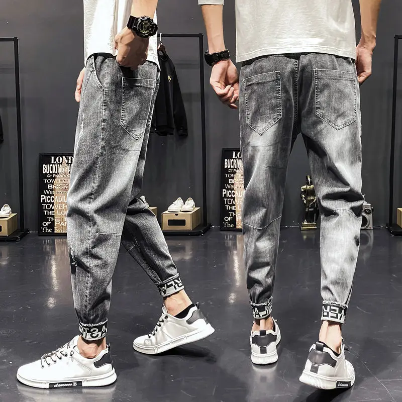 

Летние тонкие джинсовые джинсы, мужские повседневные корейские универсальные девятисекционные джинсы с манжетами, рабочая одежда, свободные повседневные брюки для мужчин