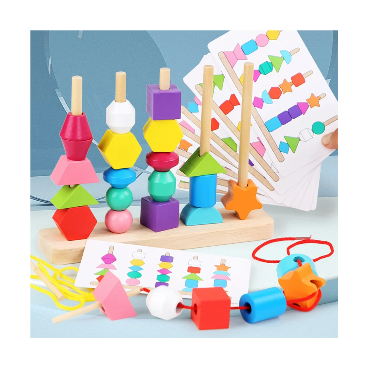 Wooden Beads Sequencing Toy Set, Stacking Blocks & Lacing Beads & Matching Shape Stacker for 2 3 4 5 Year Old