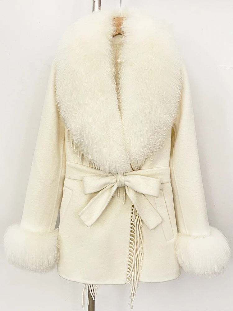 Giacca di lana di pelliccia naturale moda donna Cappotto corto di lana di vera pelliccia di volpe Nuovi vestiti autunno inverno Cappotto con nappa femminile