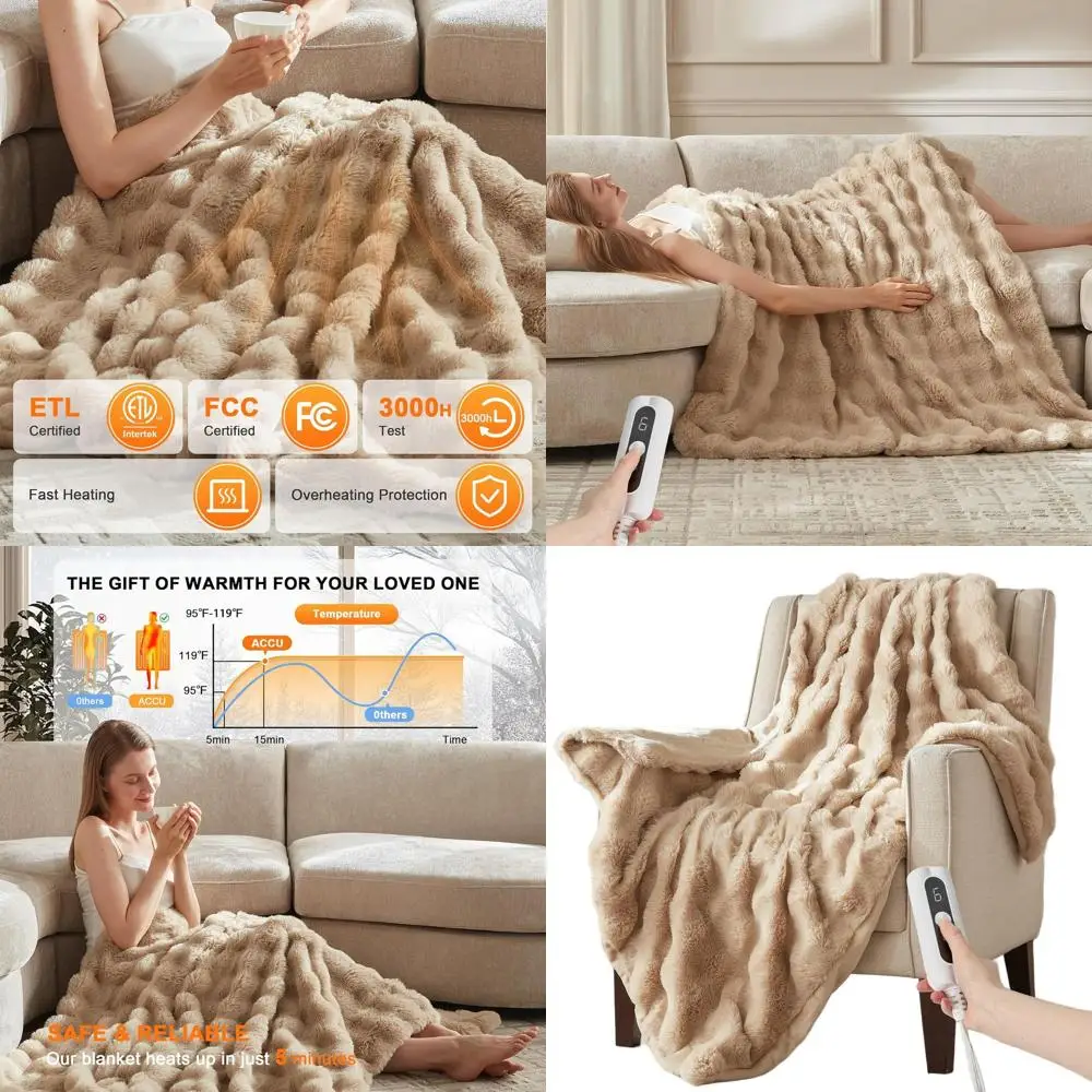 

Plush Bubble Faux Fur Electric Throw Blanket with 6 Heating Levels, 4-Hour Auto-Off, Machine Washable, 50x60, Oatmeal