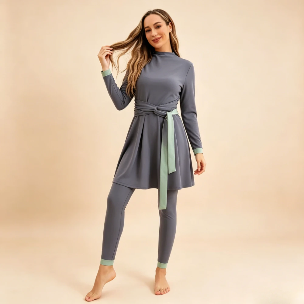 3Pcs Grey Wrap Waist Muslim Burkini Swimsuit Modest Full Coverage Long Sleeve Swimwear with Hijab Islamic Bathing Suit Beachwear